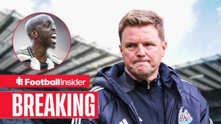 Eddie Howe frowning at St James' Park, with Yoane Wissa celebrating in a circular inset