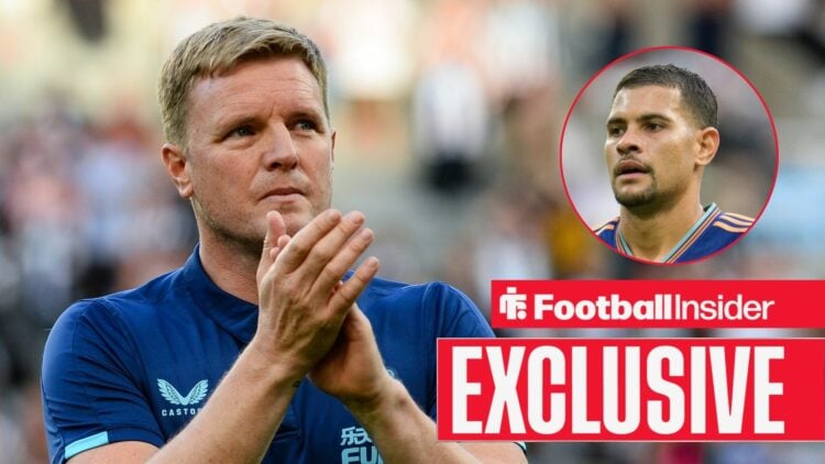 Eddie Howe clapping on the left for Newcastle with Bruno Guimaraes focused on the right