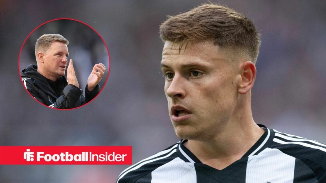 Eddie Howe clapping on the left with Harvey Barnes looking focused on the right for Newcastle