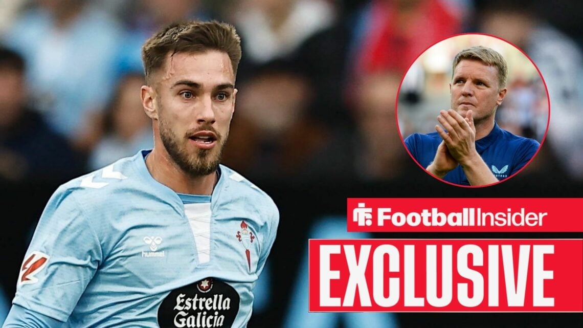 Oscar Mingueza looking focused on the left with Eddie Howe clapping on the right for Newcastle