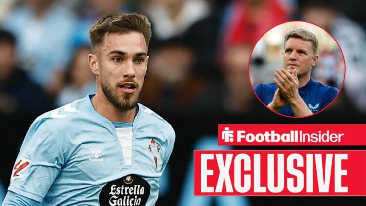 Oscar Mingueza looking focused on the left with Eddie Howe clapping on the right for Newcastle