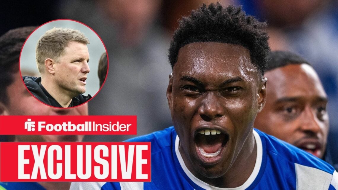 Eddie Howe looking focused on the left for Newcastle with Samu Aghehowa shouting on the right