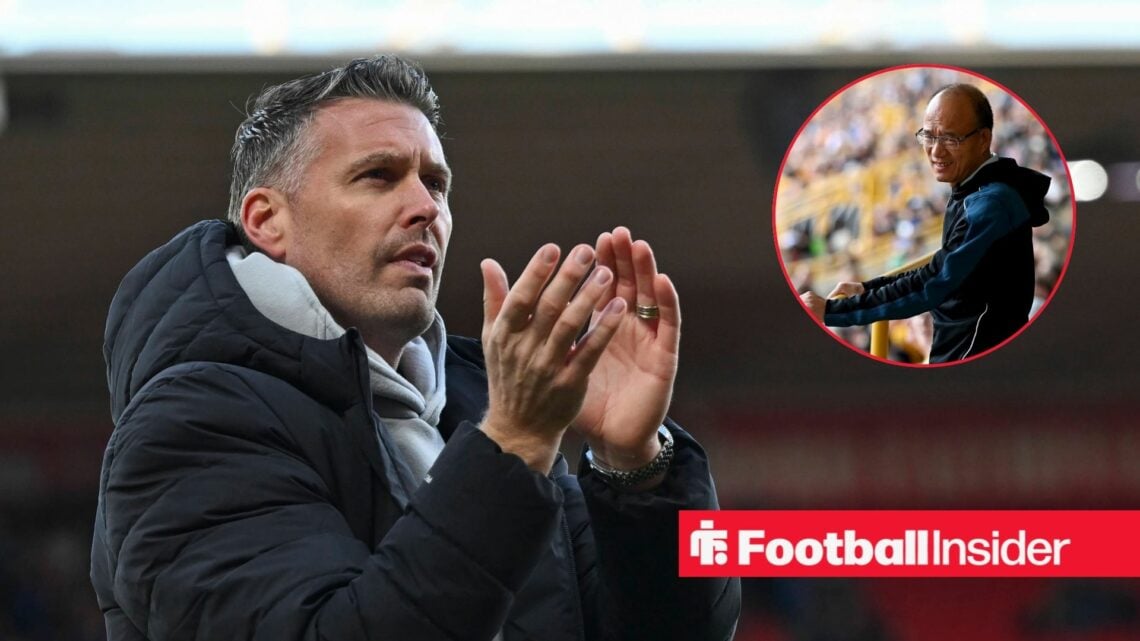 Rob Edwards clapping with Wolves owner Fosun inset