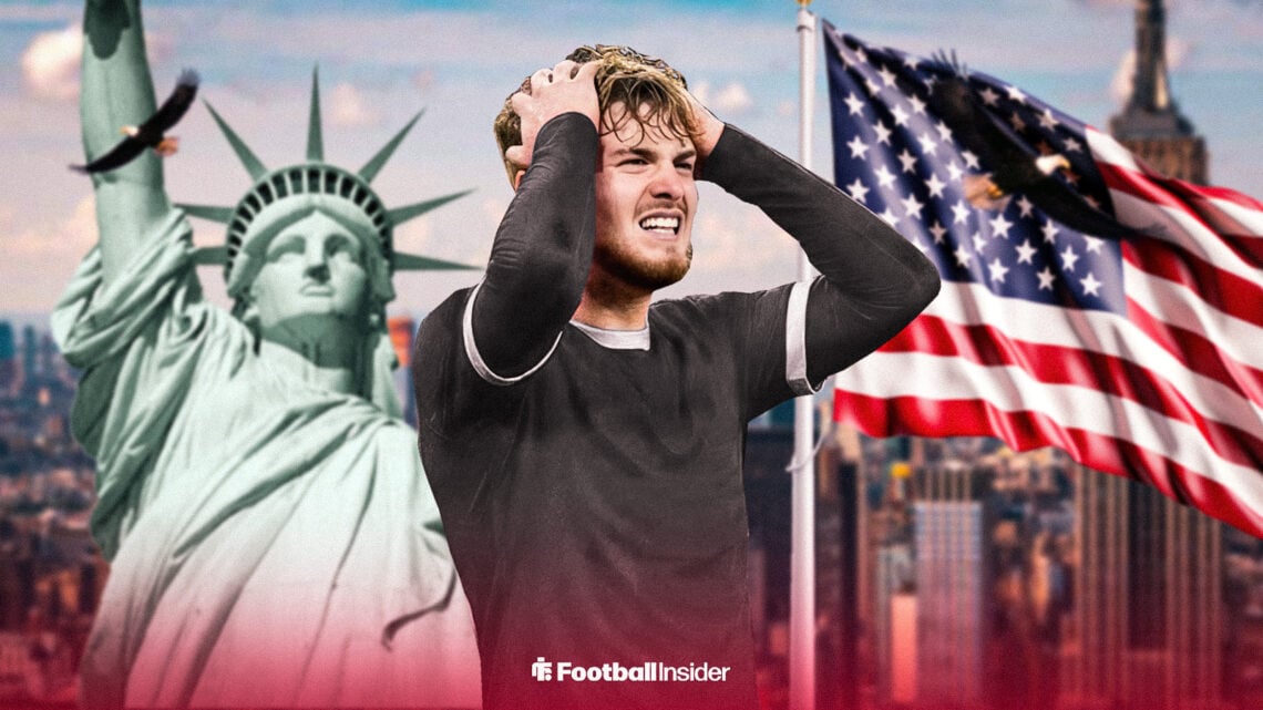 Aston Villa midfielder Harvey Elliott with the Statue of Liberty and the United States flag