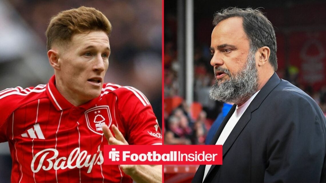 Elliot Anderson in a Nottingham Forest shirt alongside Evangelos Marinakis looking concerned