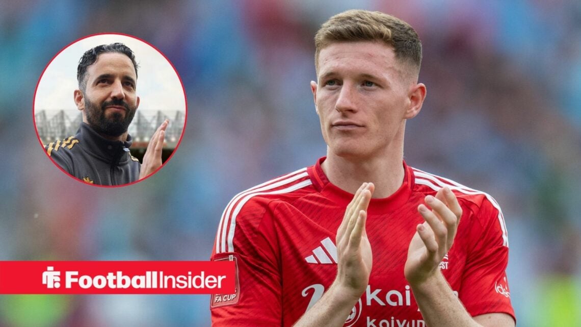 Elliot Anderson applauding at Nottingham Forest, with Ruben Amorim in a circular inset