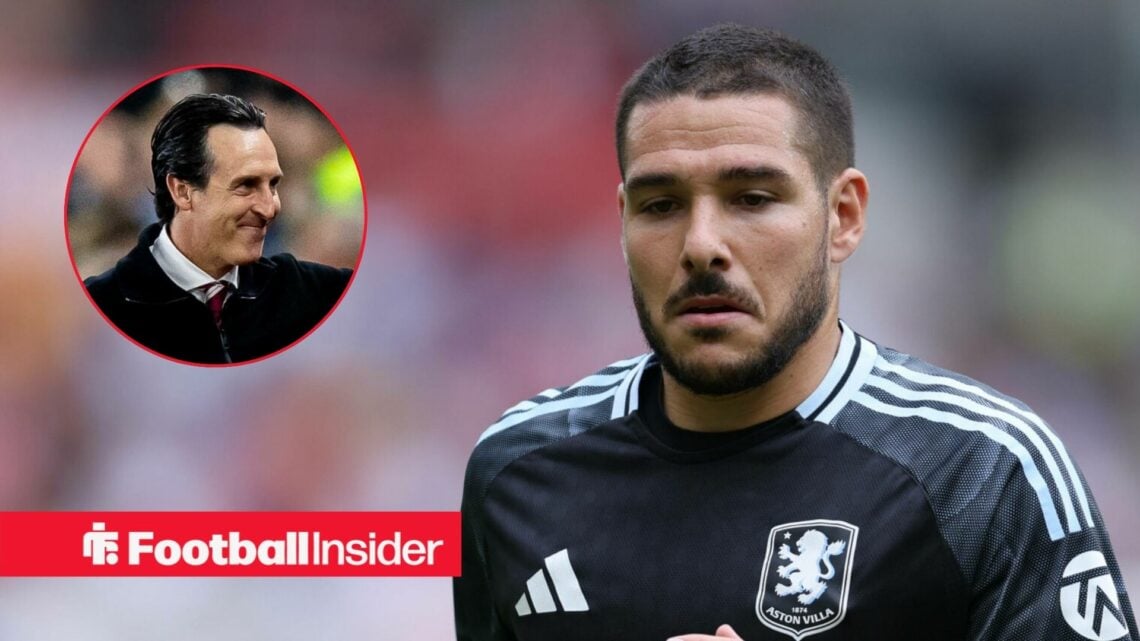 Emi Buendia in action for Aston Villa, with Unai Emery in a circular inset