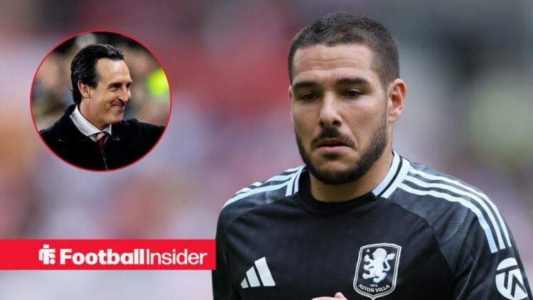 Emi Buendia in action for Aston Villa, with Unai Emery in a circular inset