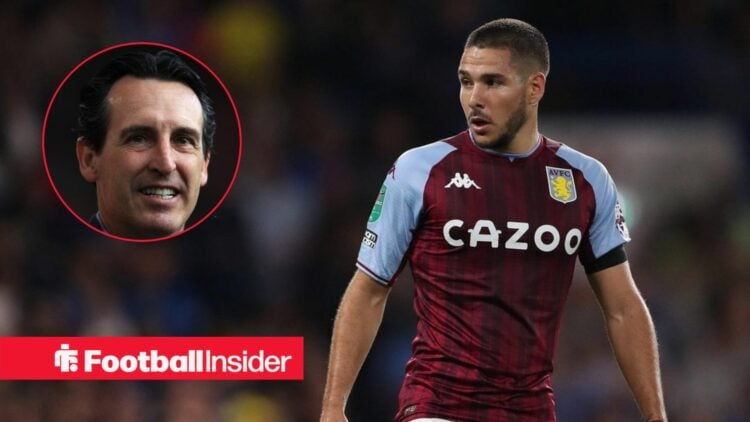 Aston Villa midfielder Emi Buendia alongside a circular inset of Aston Villa manager Unai Emery