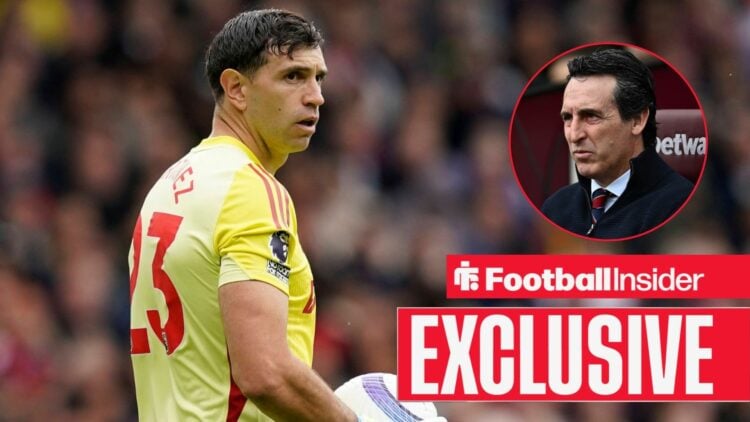 Football Insider exclusive as Aston Villa goalkeeper Emiliano Martinez is in action during a game, while manager Unai Emery watches on from a circu...