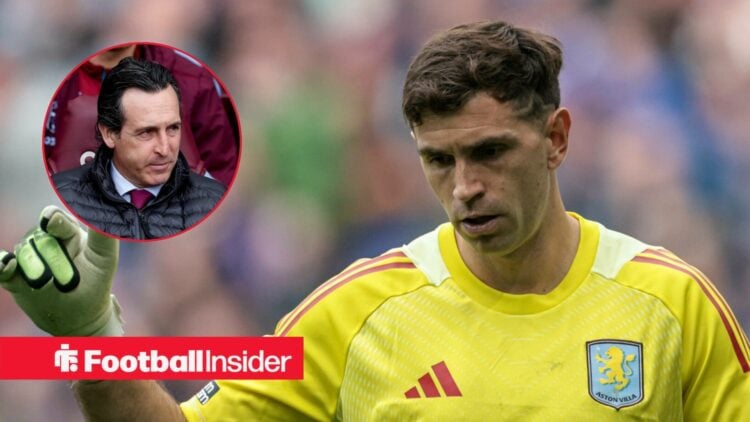 Emiliano Martinez in action for Aston Villa, with Unai Emery in a circular inset