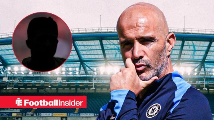 Enzo Fernandez's silhouette on the left with Chelsea manager Enzo Maresca posing on the right