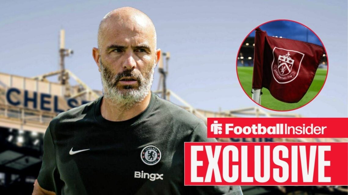 Football Insider exclusive as Chelsea manager Enzo Maresca glances towards a circular inset, which features a Burnley corner flag.