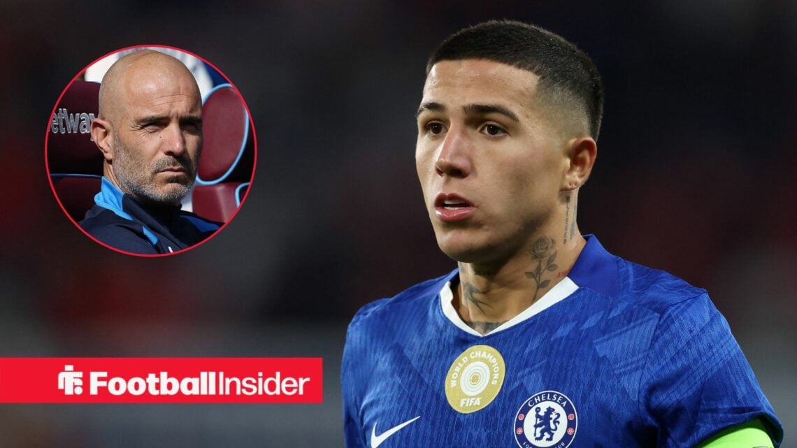 Enzo Fernandez in action for Chelsea, with Enzo Maresca in a circular inset