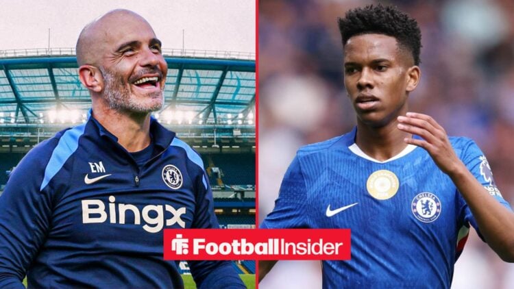 Enzo Maresca looking happy alongside Estevao in a Chelsea shirt