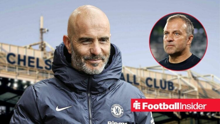 Chelsea manager Enzo Maresca smiles as Barcelona boss Hansi Flick looks concerned in a circular inset.