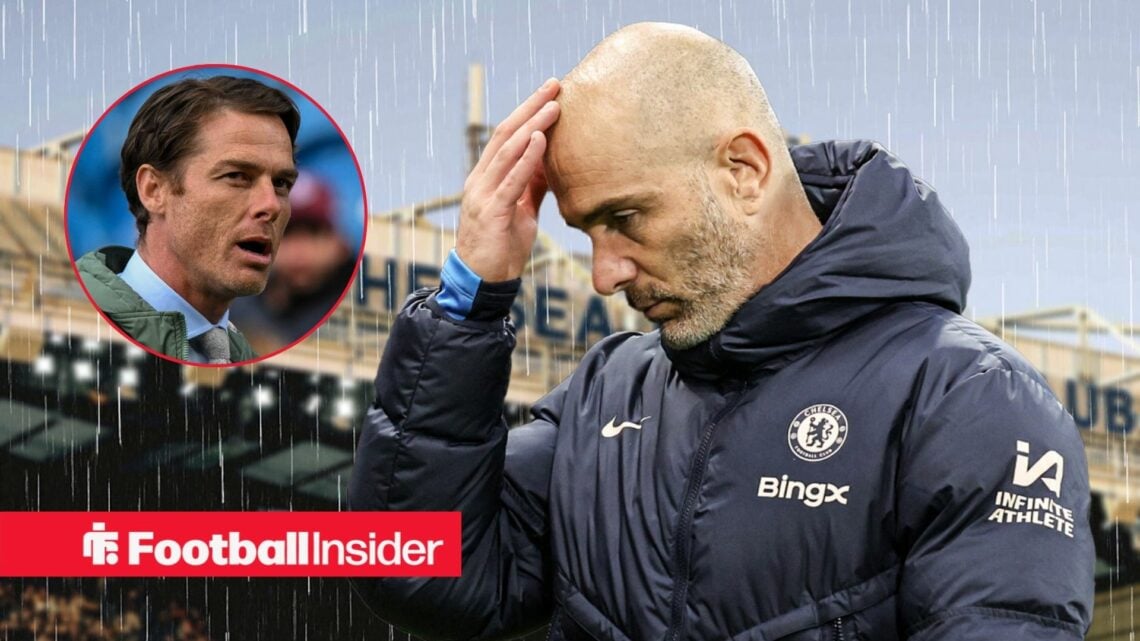 Chelsea manager Enzo Maresca has his hand on his head as rain falls at Stamford Bridge, while Burnley boss Scott Parker looks concerned in a circul...