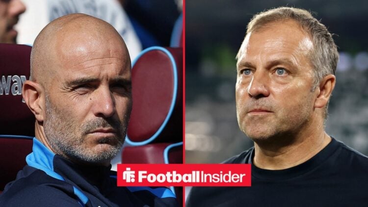 Enzo Maresca looking serious for Chelsea on the left with a focused Hansi Flick on the right