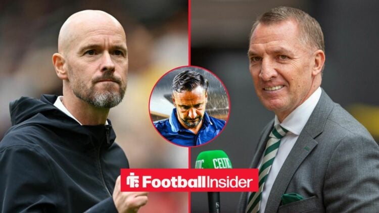 Erik ten Hag and Brendan Rodgers on the sidelines, with Vitor Pereira in a circular inset