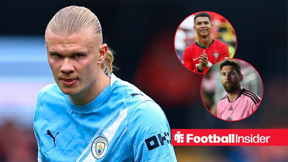 Erling Haaland playing for Man City, Lionel Messi and Cristiano Ronaldo in circular insets