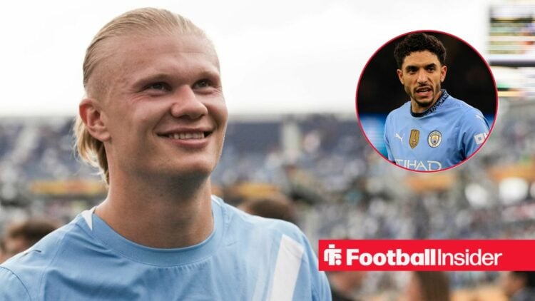 Erling Haaland playing for Man City, Omar Marmoush in a circular inset