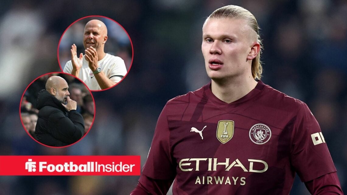 Erling Haaland in a Man City kit, Pep Guardiola and Arne Slot in circular insets