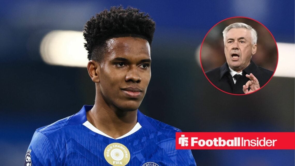 Estevao next to a circular inset of Ancelotti