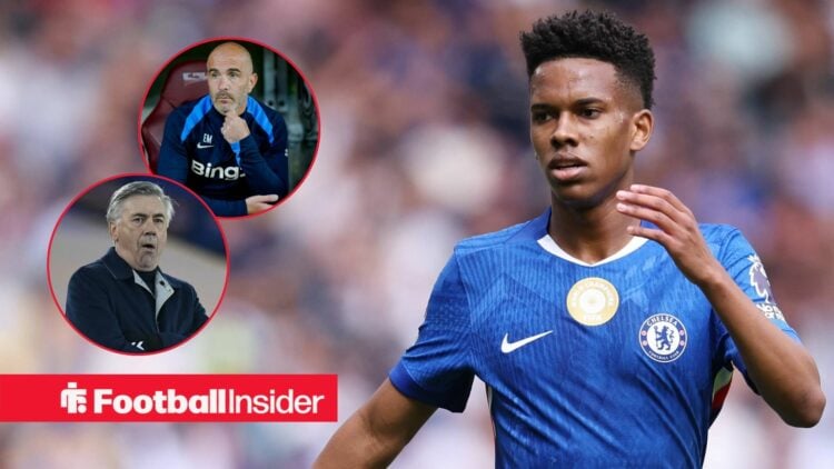 Estevao playing for Chelsea, Enzo Maresca and Carlo Ancelotti in circular insets