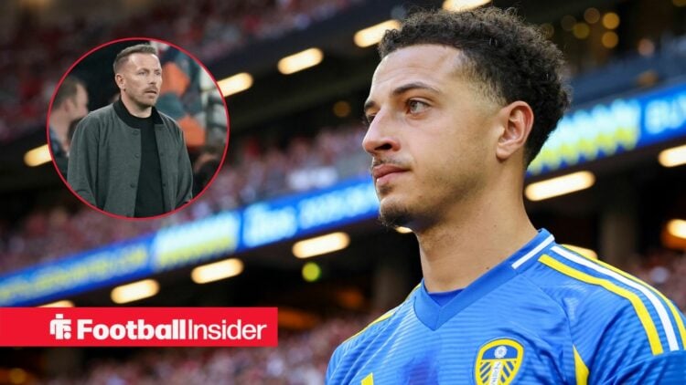 Ethan Ampadu in a Leeds United shirt, Craig Bellamy in a circular inset