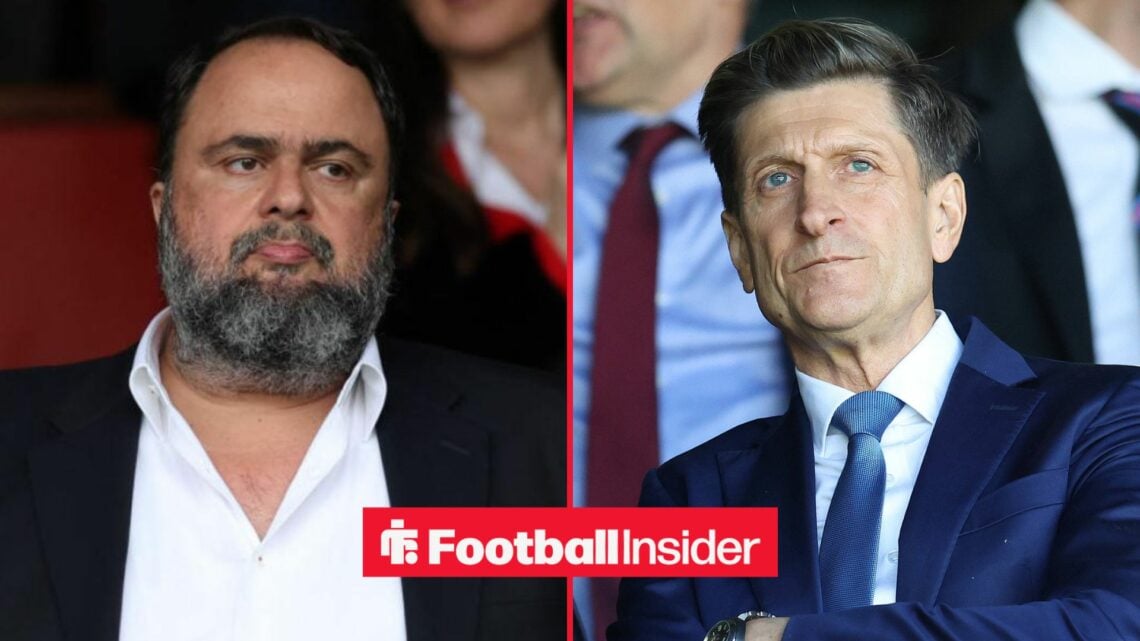 Evangelos Marinakis looking sad alongside Steve Parish looking serious