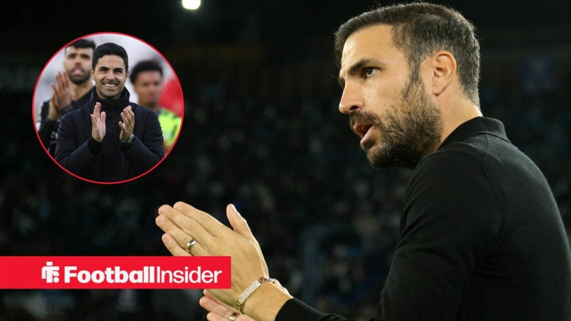 Cesc Fabregas clapping with Arsenal boss Mikel Arteta inset