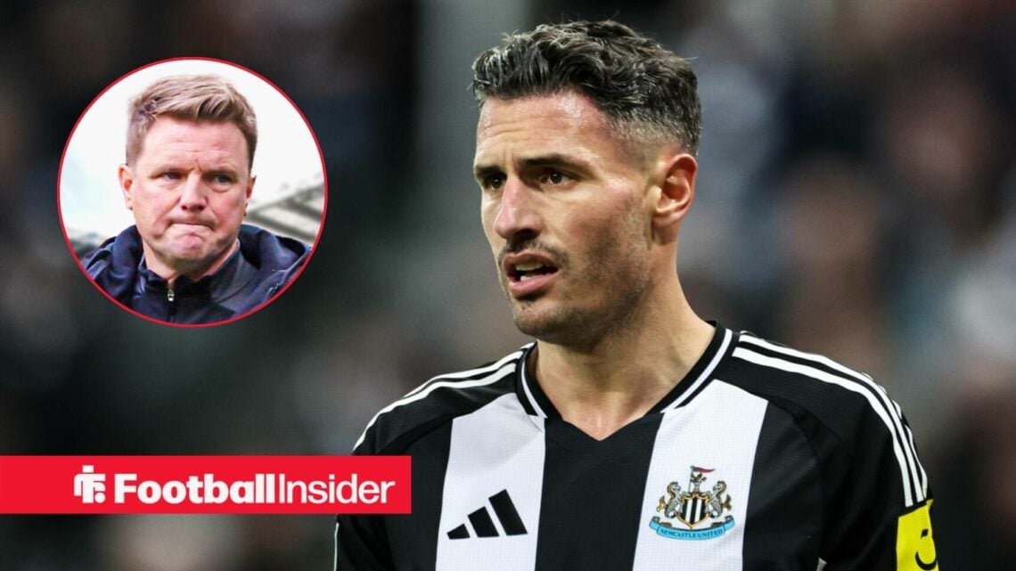 Fabian Schar in action for Newcastle United, with Eddie Howe in a circular inset