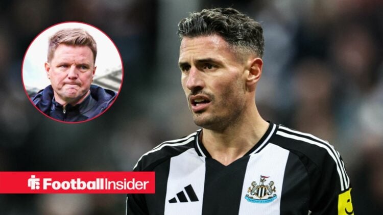 Fabian Schar in action for Newcastle United, with Eddie Howe in a circular inset