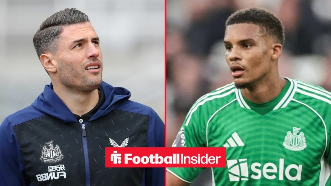 Fabian Schar looking perplexed on the left for Newcastle with Malick Thiaw focused on the right