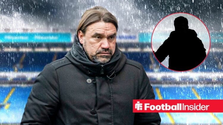 Leeds boss Daniel Farke looking sad with Fulham's Marco Silva blacked out inset