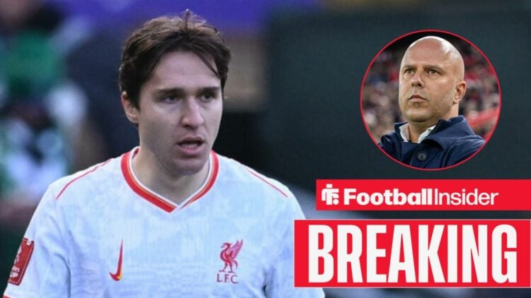 Federico Chiesa in action for Liverpool, with Arne Slot in a circular inset