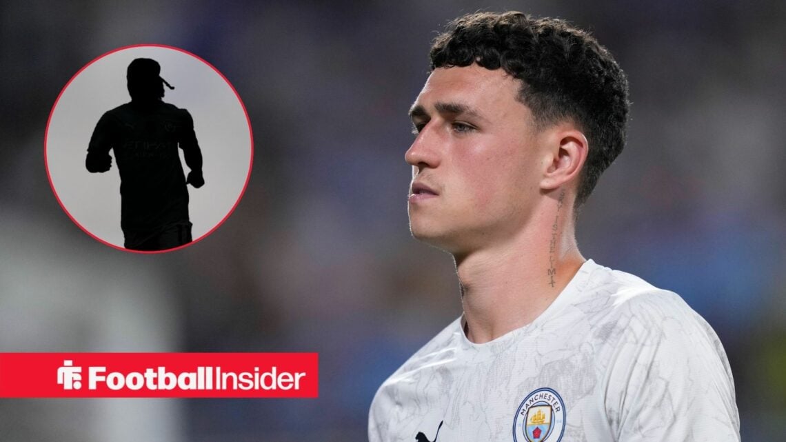 Man City's Phil Foden with an inset of Jeremy Doku blacked out