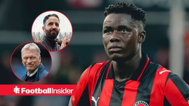 Franculino Dju in action for Midtjylland as Manchester United manager Ruben Amorim and Everton boss David Moyes watch on from circular insets.