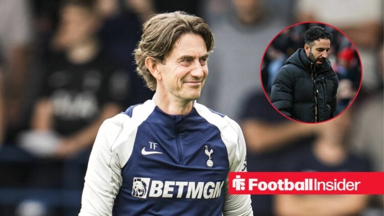 Tottenham boss Thomas Frank with Man United boss Ruben Amorim inset