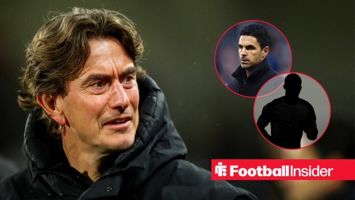 Tottenham boss Thomas Frank with Mohammed Kudus blacked out inset and Arsenal's Mikel Arteta