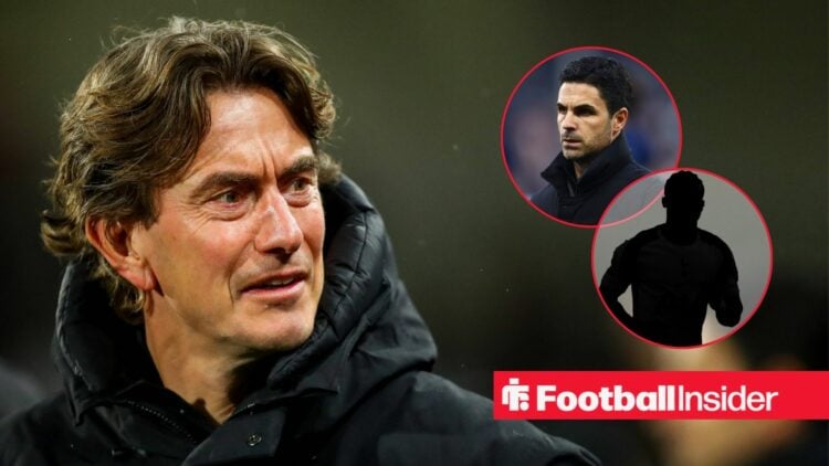 Tottenham boss Thomas Frank with Mohammed Kudus blacked out inset and Arsenal's Mikel Arteta