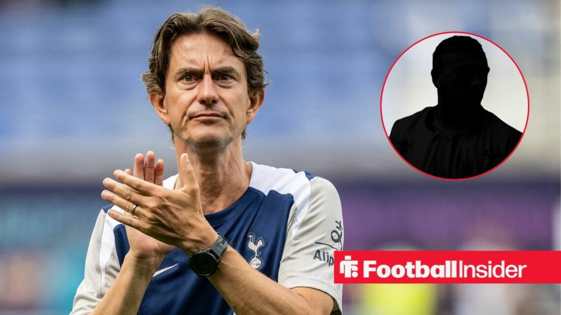 Tottenham boss Thomas Frank clapping with Jarrod Bowen blacked out inset