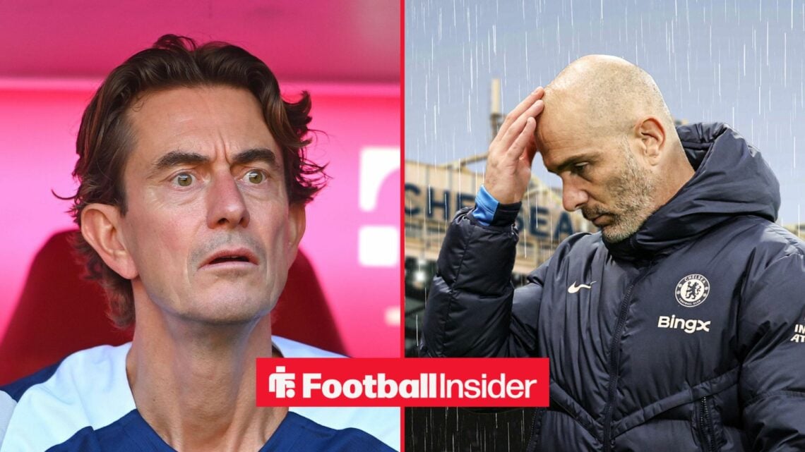Split image of Tottenham boss Thomas Frank and Chelsea's Enzo Maresca