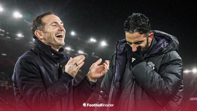 Coventry City manager Frank Lampard laughs and applauds as Manchester United boss Ruben Amorim has his head in his hands.