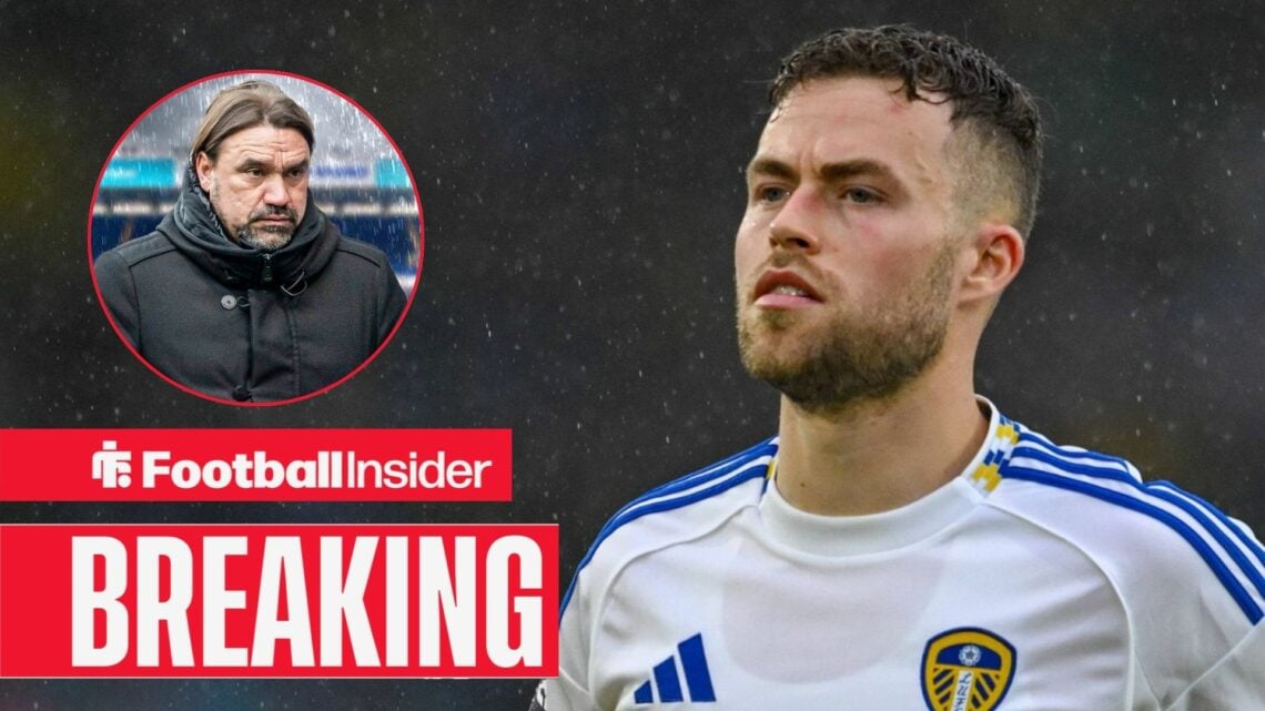 Gabriel Gudmundsson playing for Leeds, Daniel Farke in a circular inset