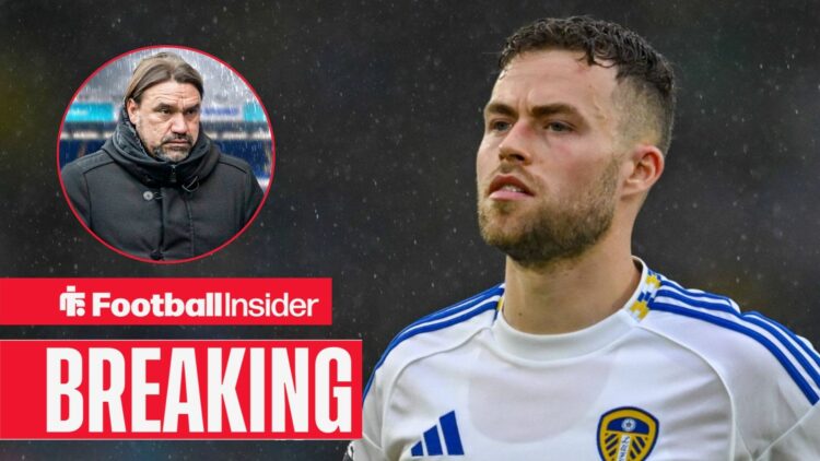 Gabriel Gudmundsson playing for Leeds, Daniel Farke in a circular inset