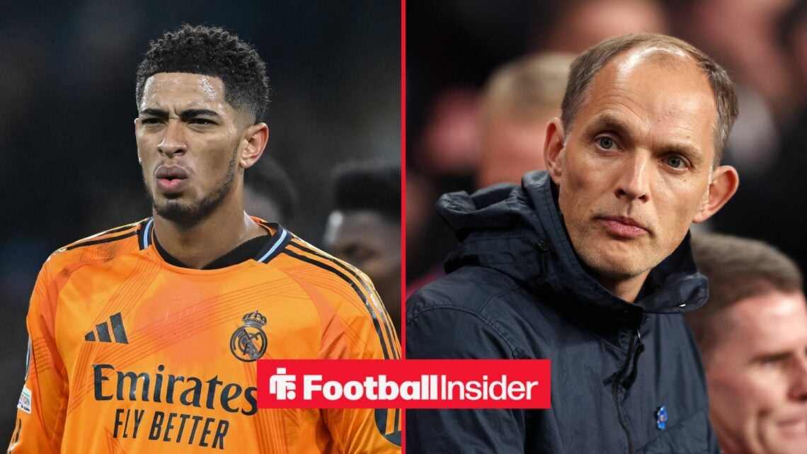 A split image of Jude Bellingham in a Real Madrid shirt and England boss Thomas Tuchel