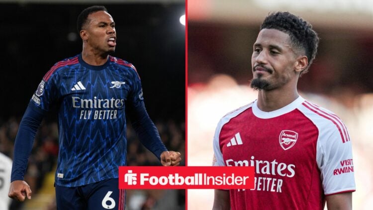 Arsenal duo Gabriel Magalhaes and William Saliba in a split image