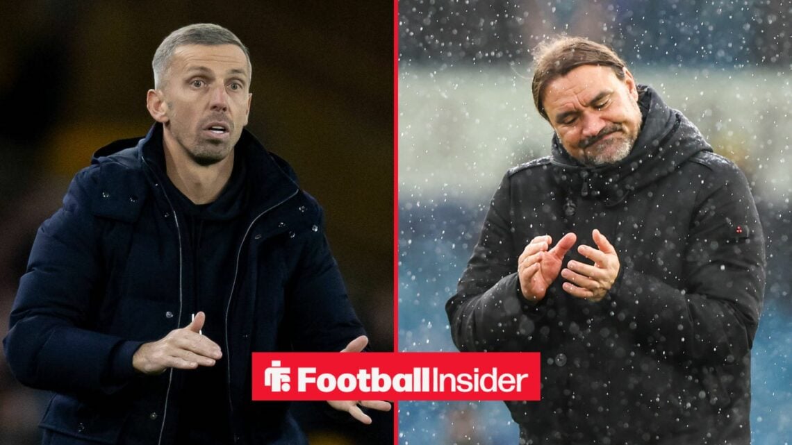 A split image as Gary O'Neil stands on the touchline in the left half, as rain falls on Leeds United manager Daniel Farke in the right half.