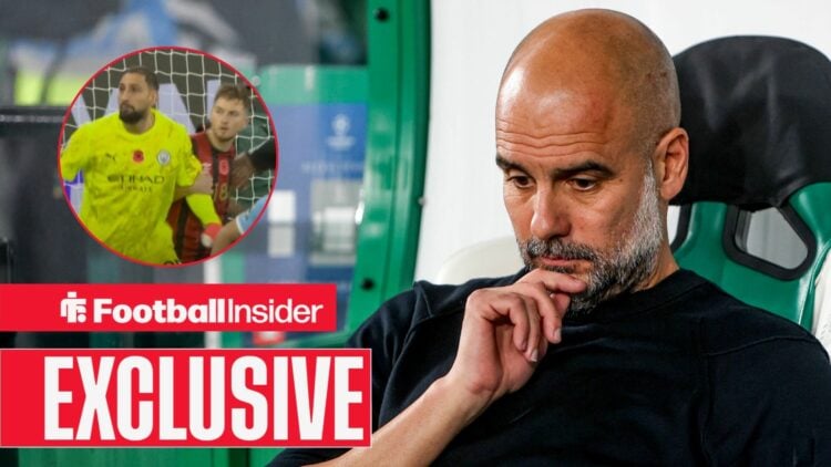 Pep Guardiola in the dugout, Gianluigi Donnarumma and David Brooks in a circular inset